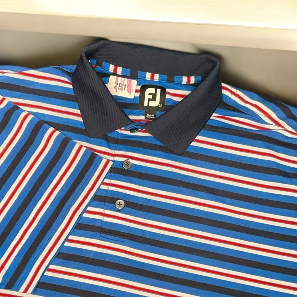 Footjoy FJ Pro Dry Mens Large Blue Stripe Polo Golf Shirt Embroidered Logo
